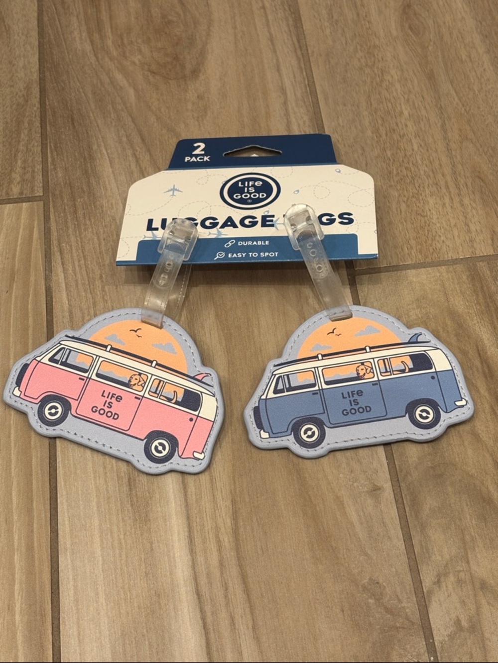 NWT Life Is Good Retro Beach camper Van with dog Luggage Tags - Pink & Blue Pair